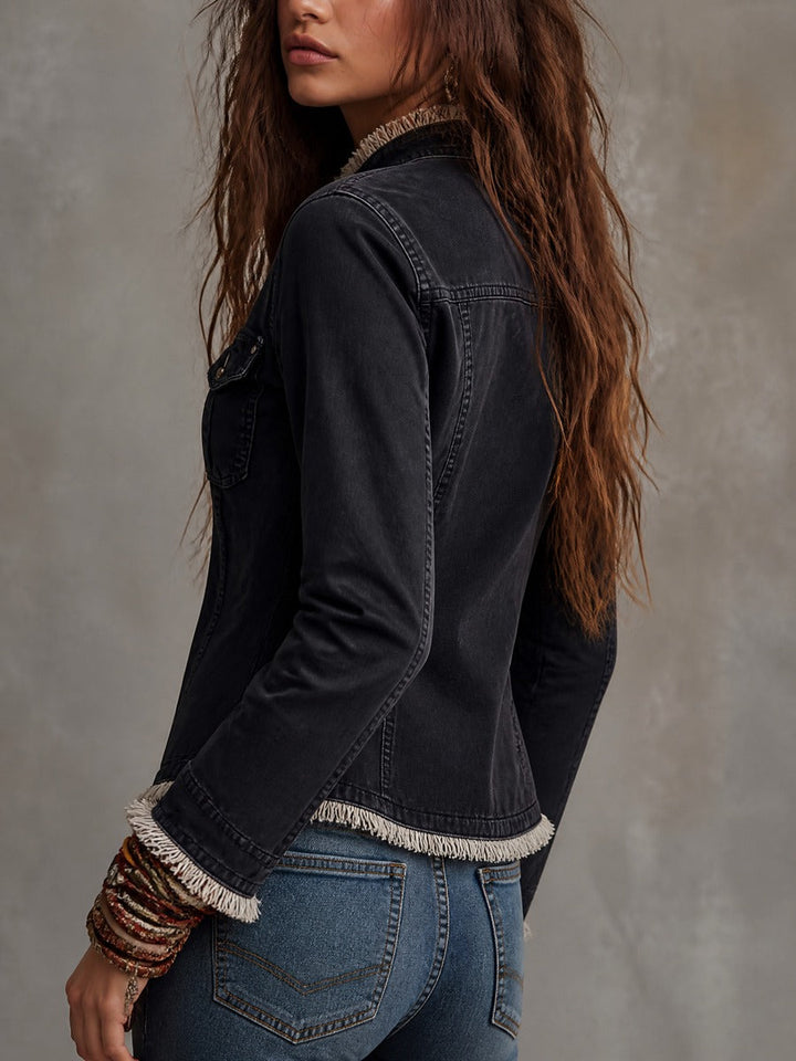 Women’s Fitted Raw Hem Black Trucker Jacket