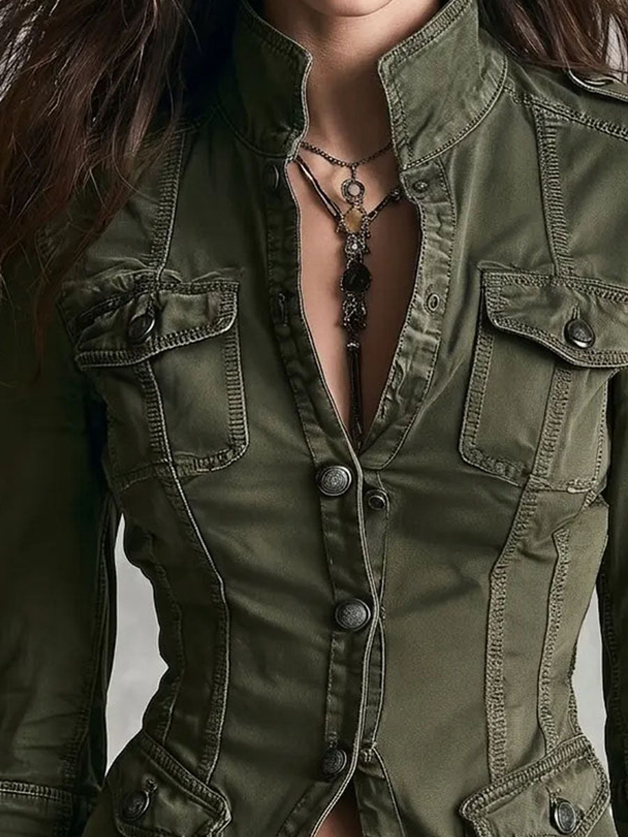 Women’s Vintage Army Green Multi Pocket Jacket