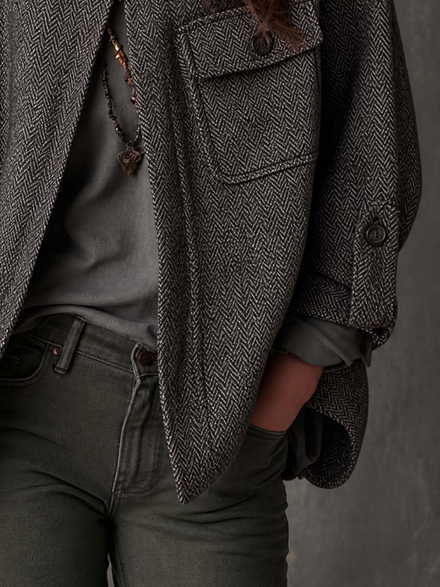 Women’s Retro Funnel Neck Herringbone Jacket