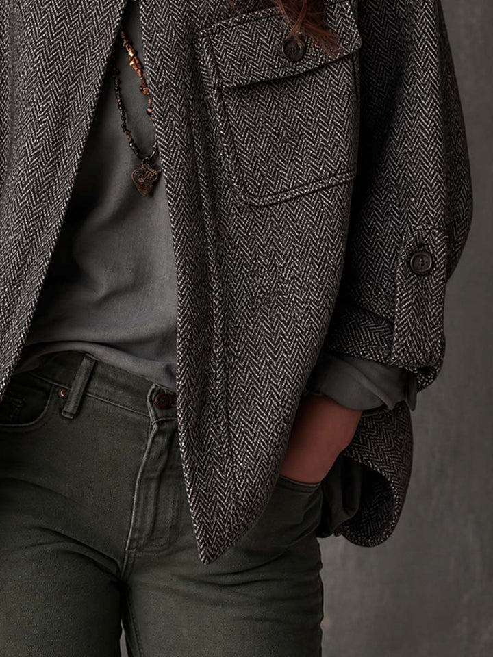 Women’s Retro Funnel Neck Herringbone Jacket