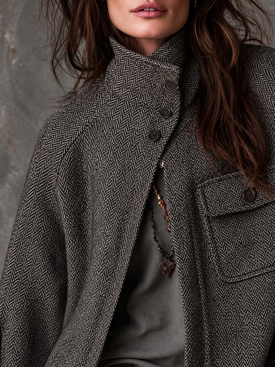 Women’s Retro Funnel Neck Herringbone Jacket