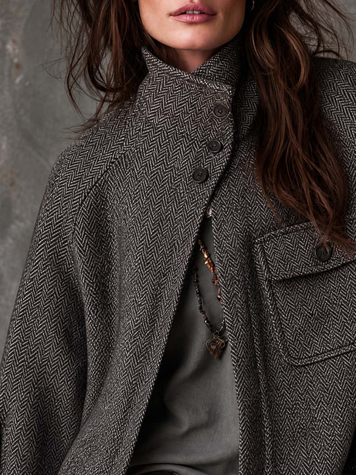 Women’s Retro Funnel Neck Herringbone Jacket