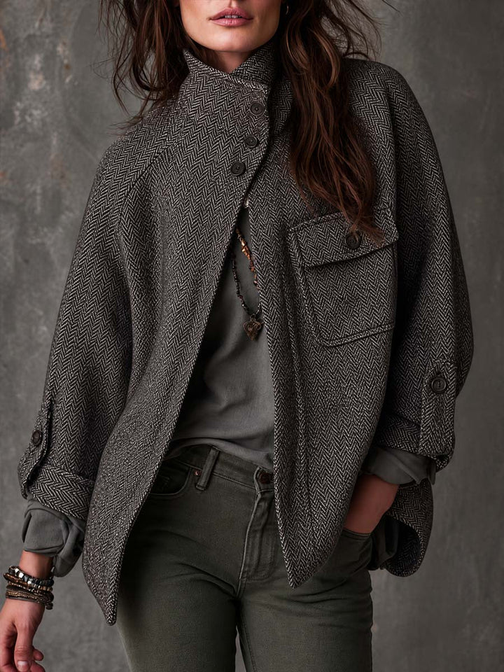 Women’s Retro Funnel Neck Herringbone Jacket