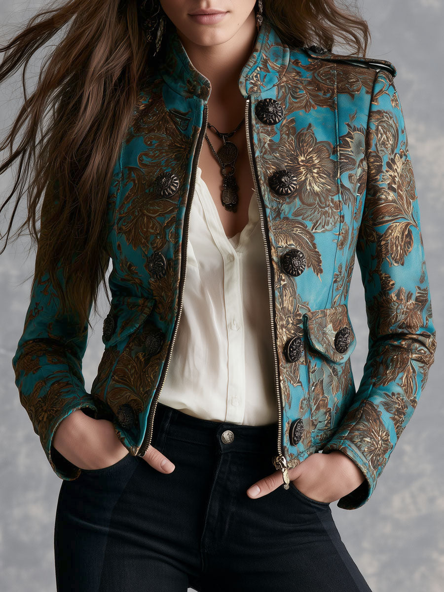 Women’s Teal Floral Print Fitted Zip Front Jacket