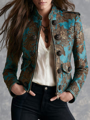 Women’s Teal Floral Print Fitted Zip Front Jacket