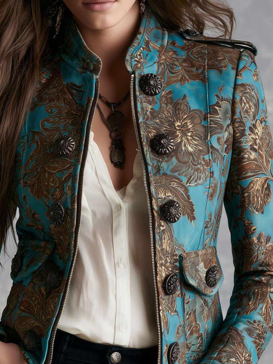 Women’s Teal Floral Print Fitted Zip Front Jacket