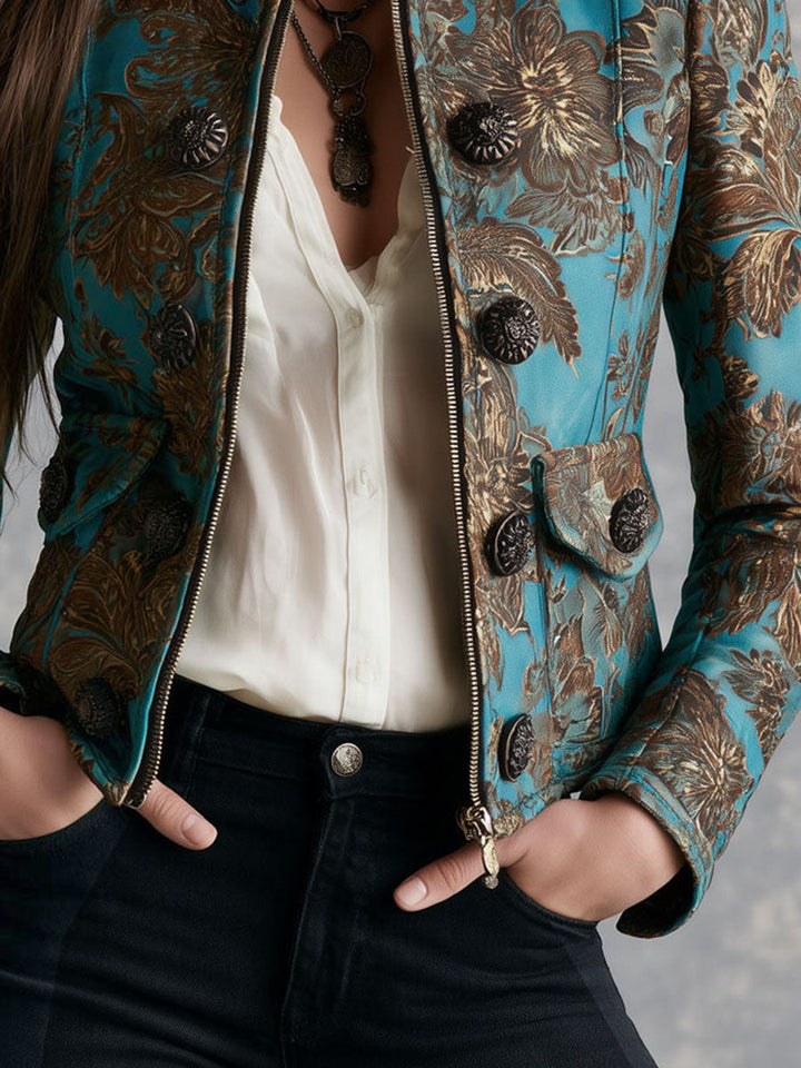 Women’s Teal Floral Print Fitted Zip Front Jacket