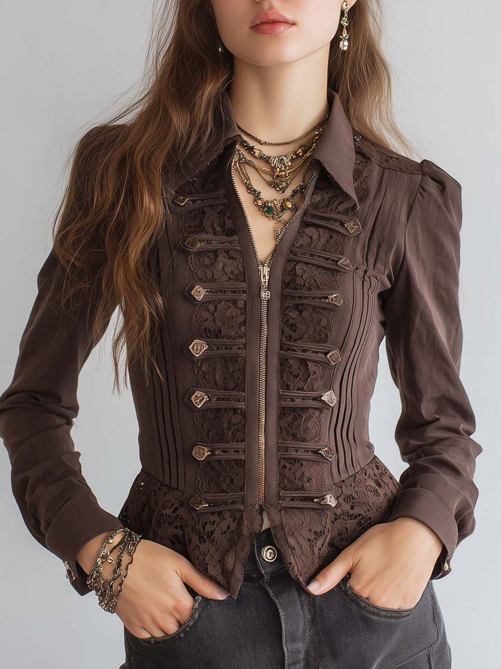 Military Style Lace Panels Jacket