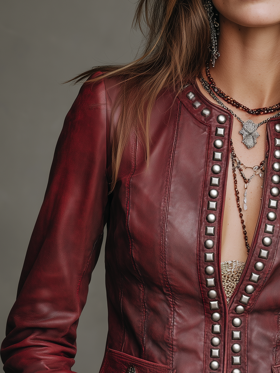 Edgy Burgundy Studded Faux Jacket
