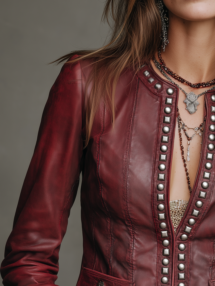 Edgy Burgundy Studded Faux Jacket