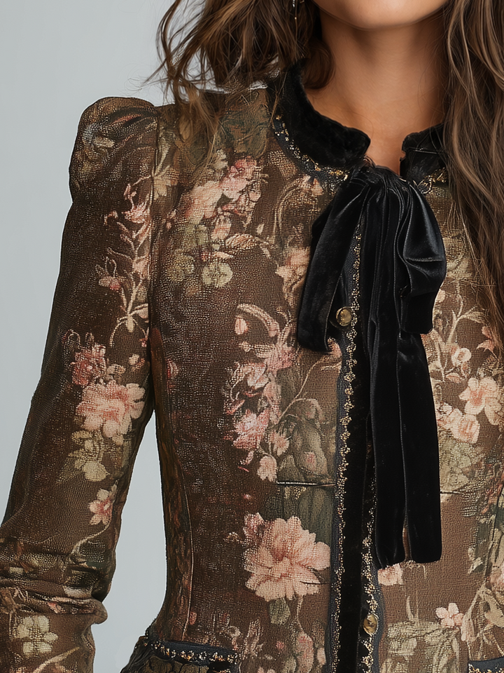 Vintage Brown Floral Velvet Trim Jacket