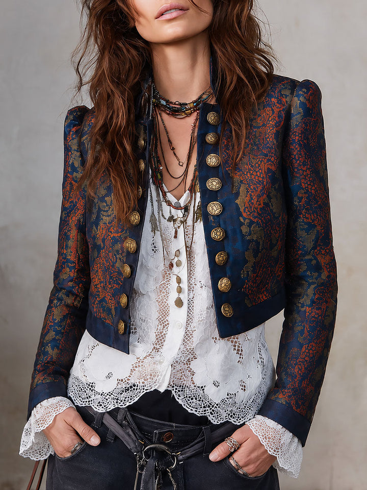 Vintage Stand Collar Double-breasted Printed Cropped Jacket