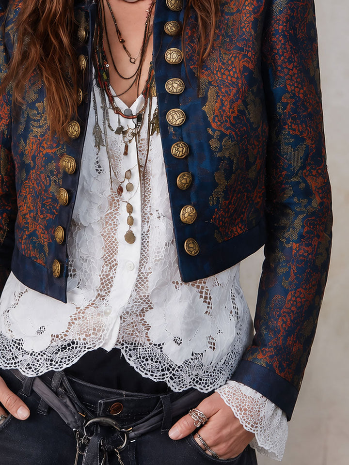 Vintage Stand Collar Double-breasted Printed Cropped Jacket