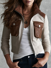 Western Retro Brown Faux‑Leather Collar & Pocket Knit Moto Jacket