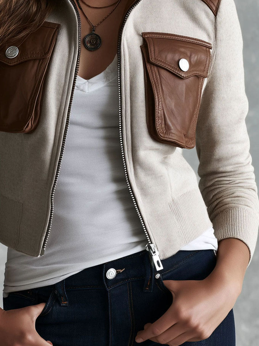 Western Retro Brown Faux‑Leather Collar & Pocket Knit Moto Jacket
