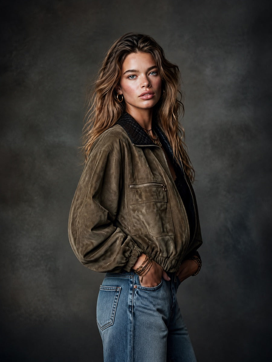 Vintage Suede-Look Zip-Up Bomber Jacket with Quilted Contrast Collar