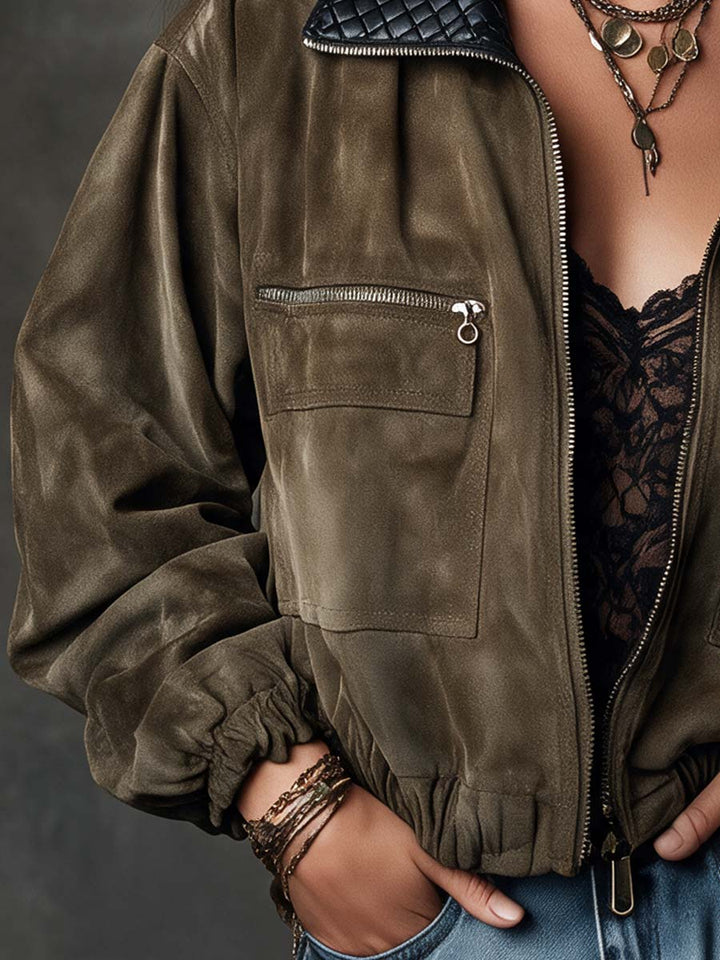 Vintage Suede-Look Zip-Up Bomber Jacket with Quilted Contrast Collar