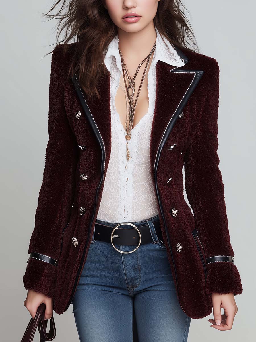 Women's double-breasted contrast trim blazer in burgundy