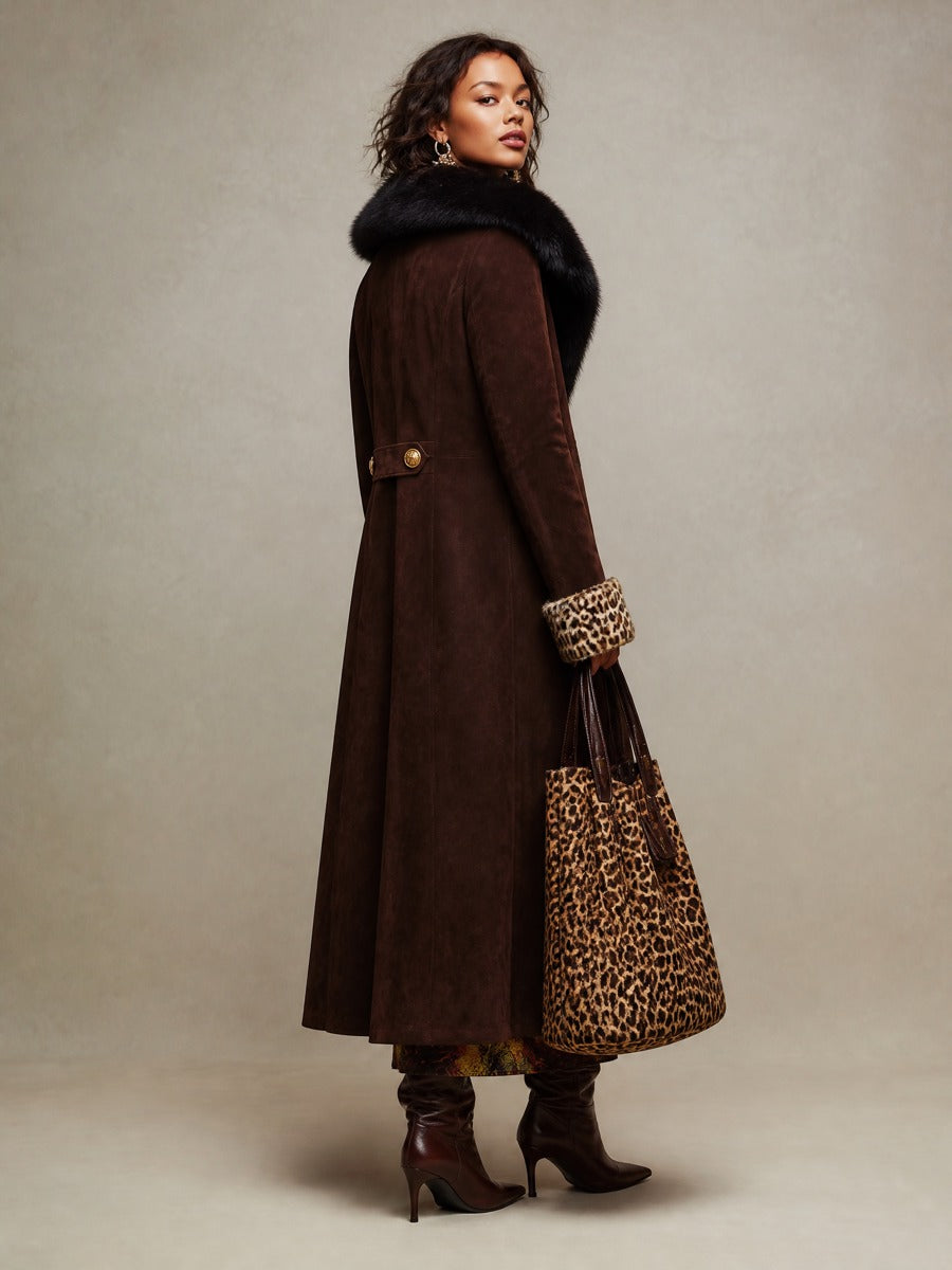 Women’s Longline Leopard Trim Winter Coat