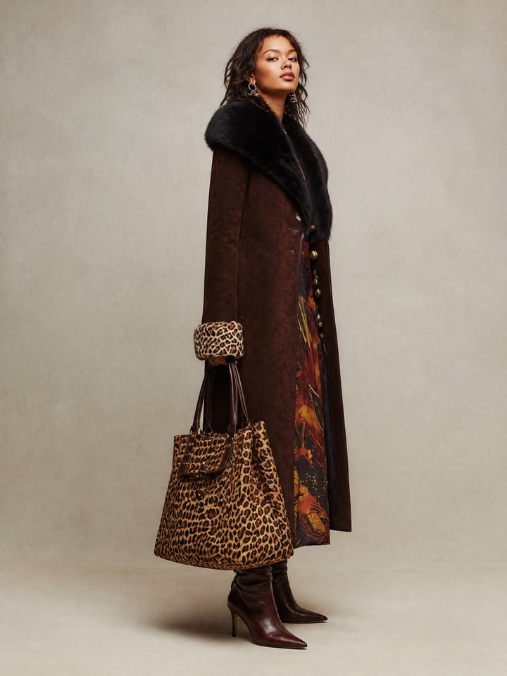 Women’s Longline Leopard Trim Winter Coat