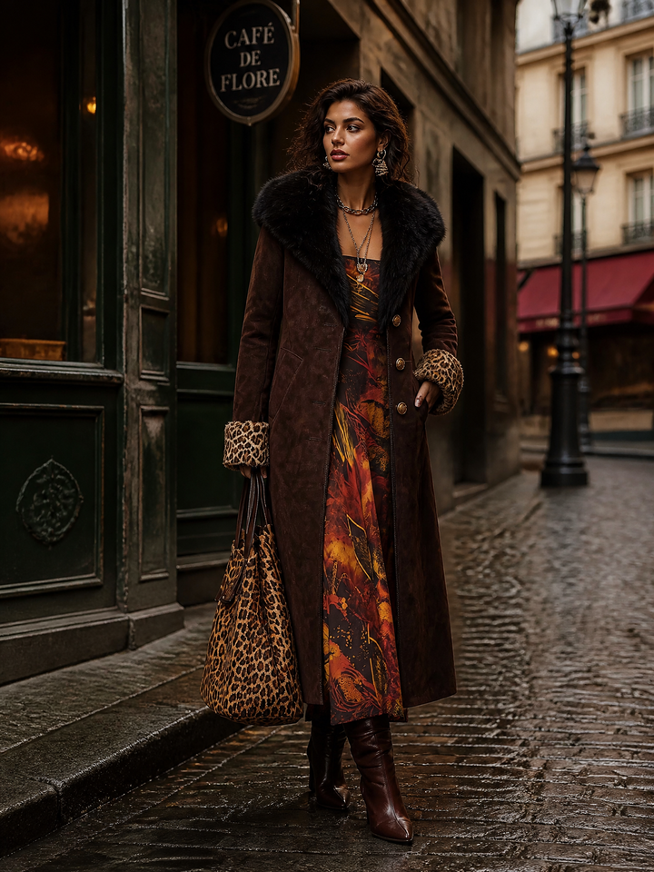 Women’s Longline Leopard Trim Winter Coat