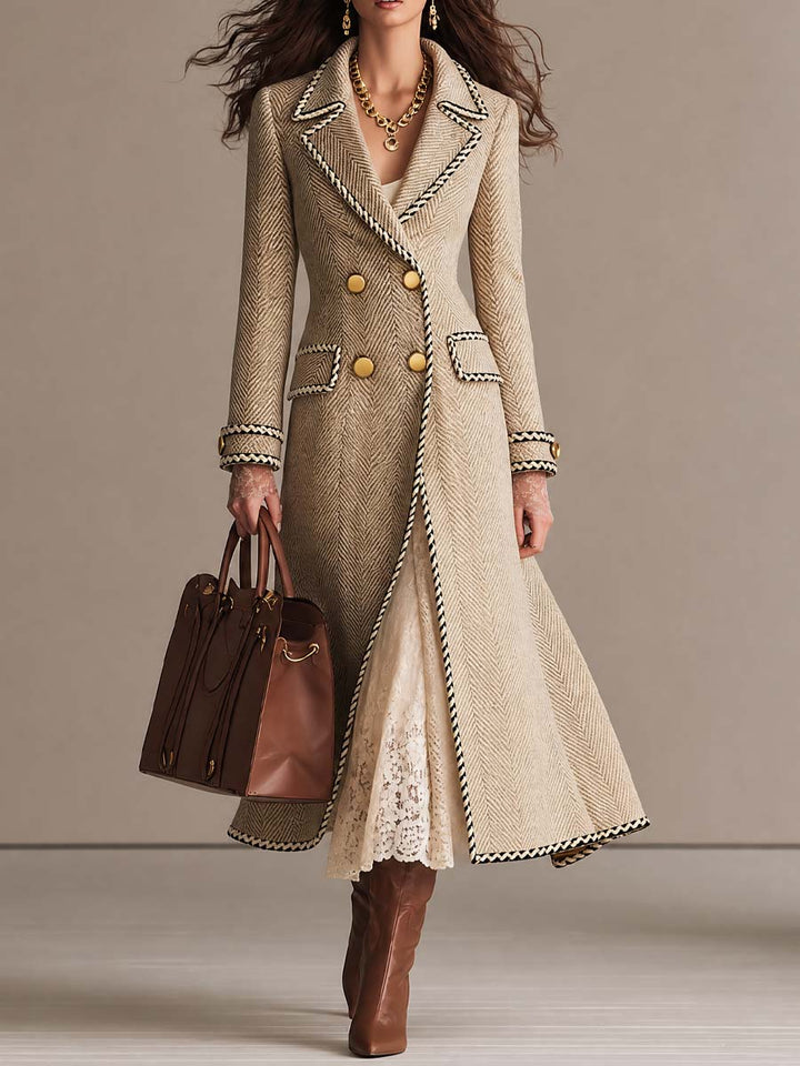 Women’s Vintage Herringbone Double-Breasted Long Coat