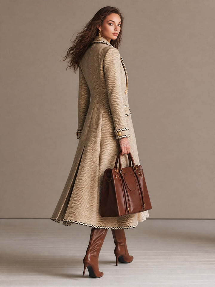 Women’s Vintage Herringbone Double-Breasted Long Coat