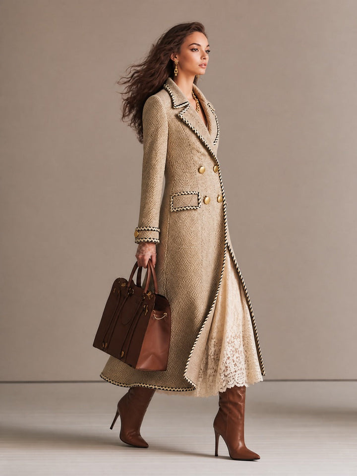 Women’s Vintage Herringbone Double-Breasted Long Coat