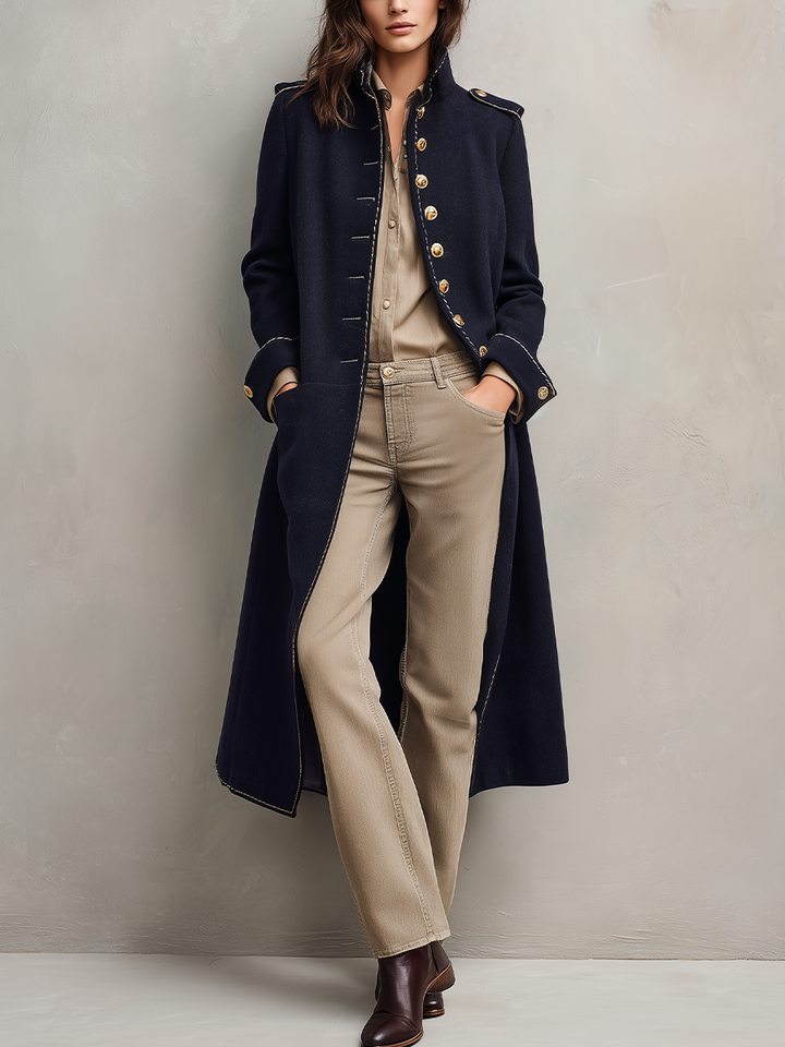 Women’s Navy Military Double Breasted Long Coat