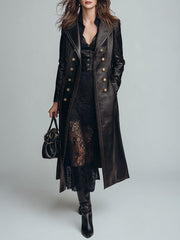 Vintage-style Lapel Collar Double-breasted Eco-leather Coat With Topstitching