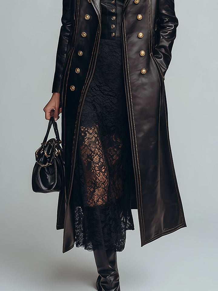 Vintage-style Lapel Collar Double-breasted Eco-leather Coat With Topstitching
