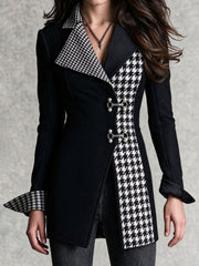 Vintage Black Wool Mid‑Length Houndstooth Lapel Buckle Jacket