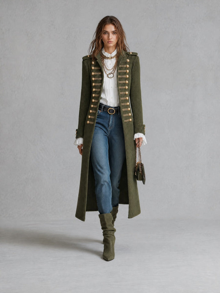 Military-style Decorative Button Knit Long Coat