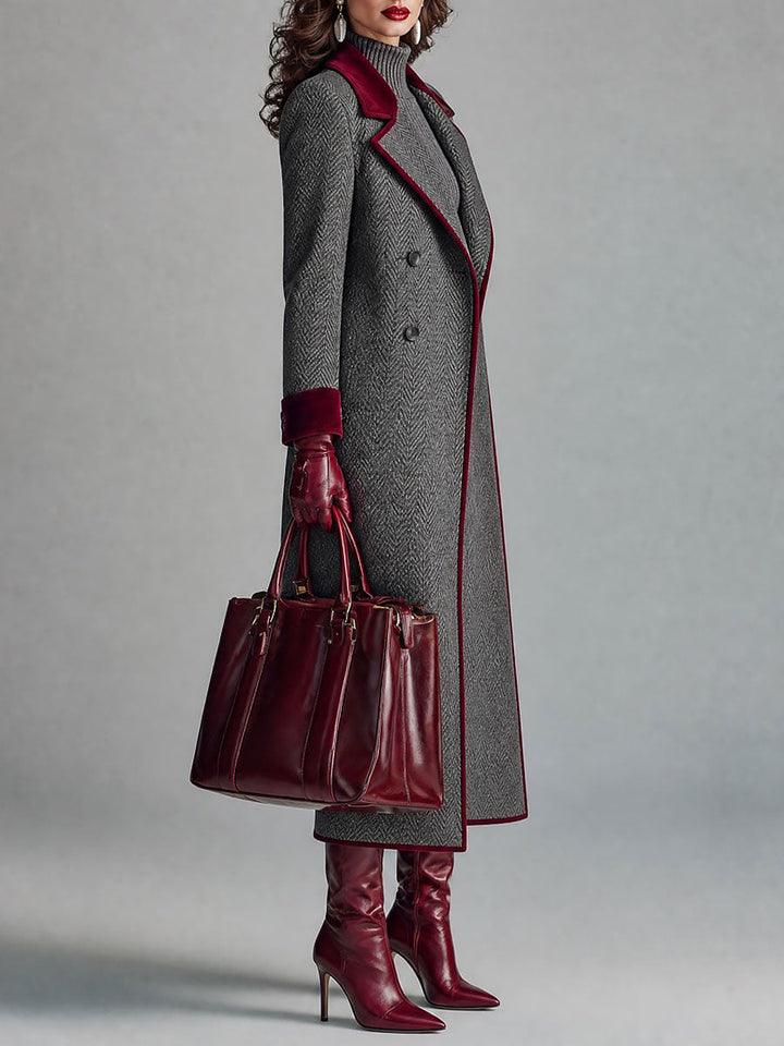 Women’s Herringbone Long Coat With Contrast Trim