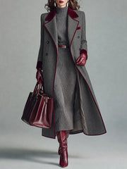 Women’s Herringbone Long Coat With Contrast Trim