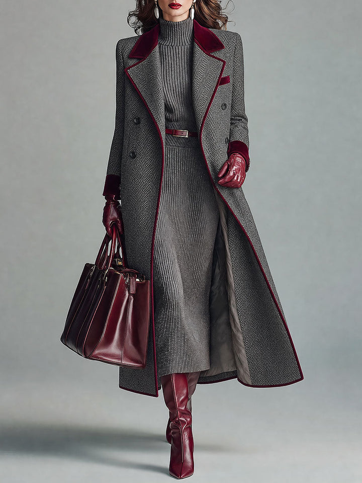 Women’s Herringbone Long Coat With Contrast Trim