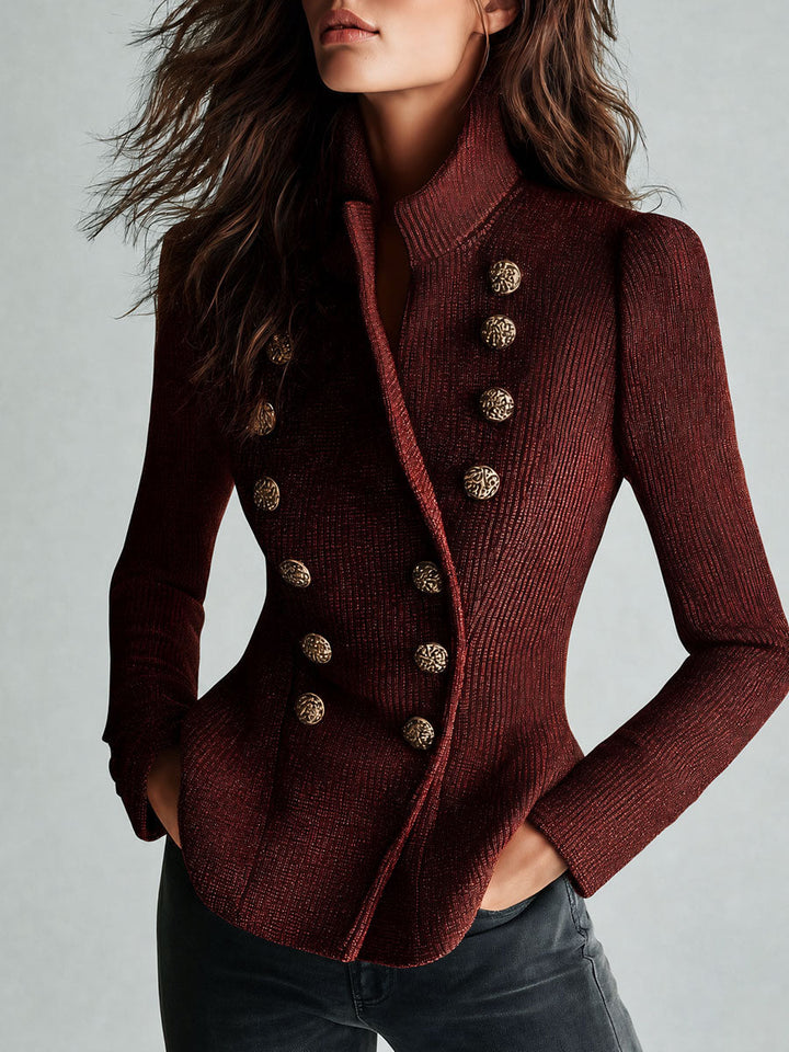 Women’s Ribbed Double-Breasted Gold Button Cardigan