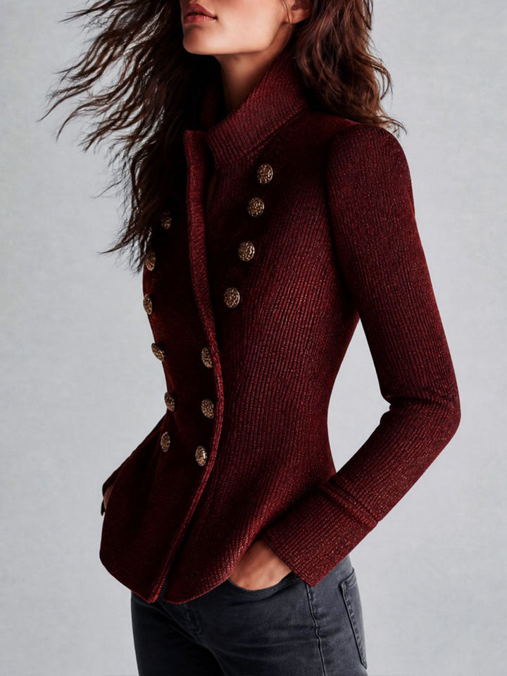 Women’s Ribbed Double-Breasted Gold Button Cardigan