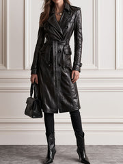 Quiet Luxury Lapel Shoulder Strap Faxu Leather Trench Coat With Belted