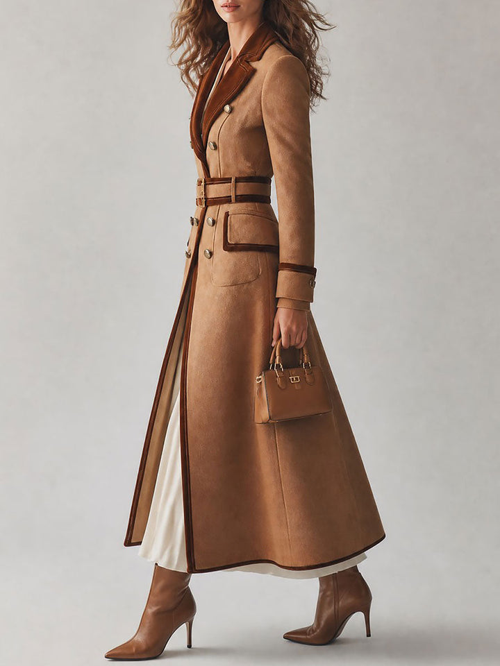 Elegant Double-Breasted Belted Wool Coat With Velvet Trim