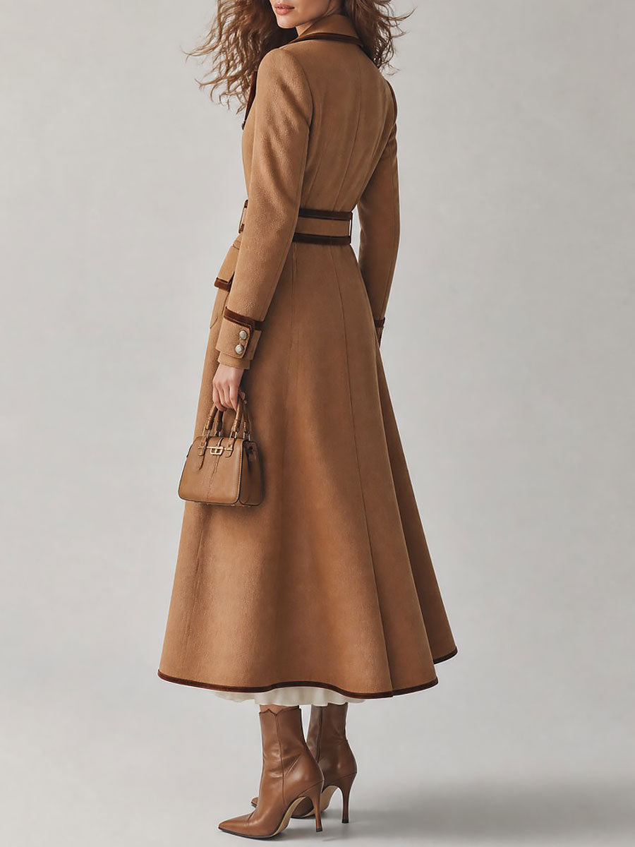 Elegant Double-Breasted Belted Wool Coat With Velvet Trim