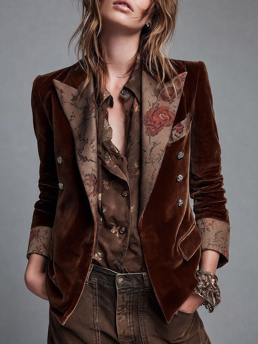 Women's double breasted brown floral lapel blazer