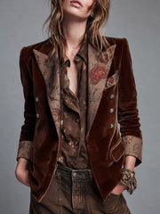 Women’s Double Breasted Brown Floral Lapel Blazer