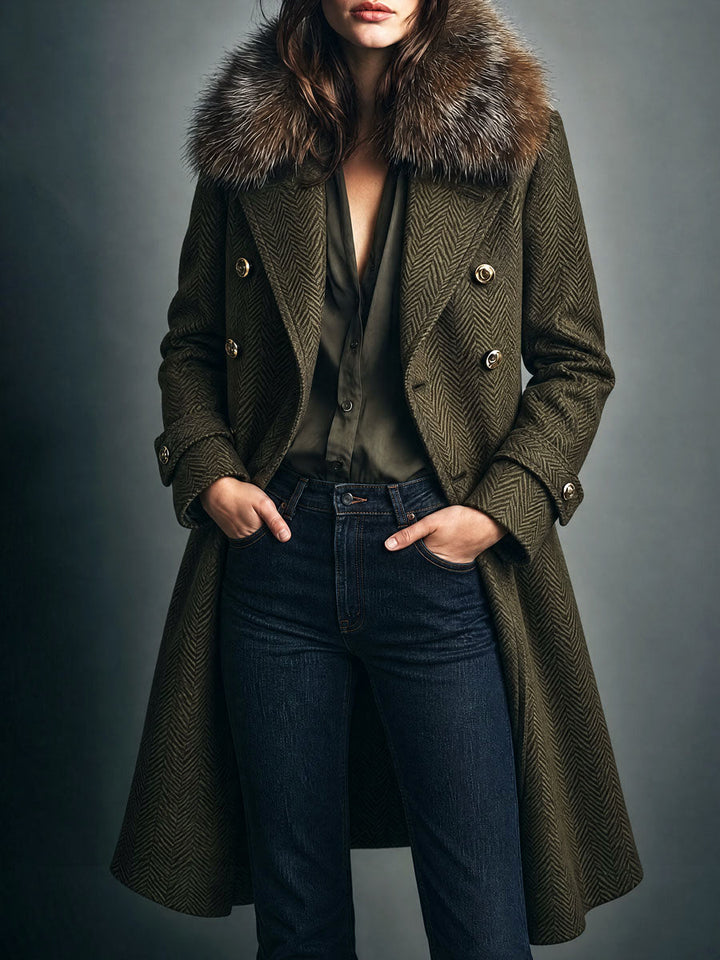 Vintage Faux Fur Collar Herringbone Wool Blend Long Coat