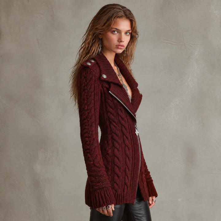 Cable-Knit Zip-Front Sweater Coat with Military-Style Buttons
