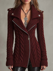 Cable-Knit Zip-Front Sweater Coat with Military-Style Buttons