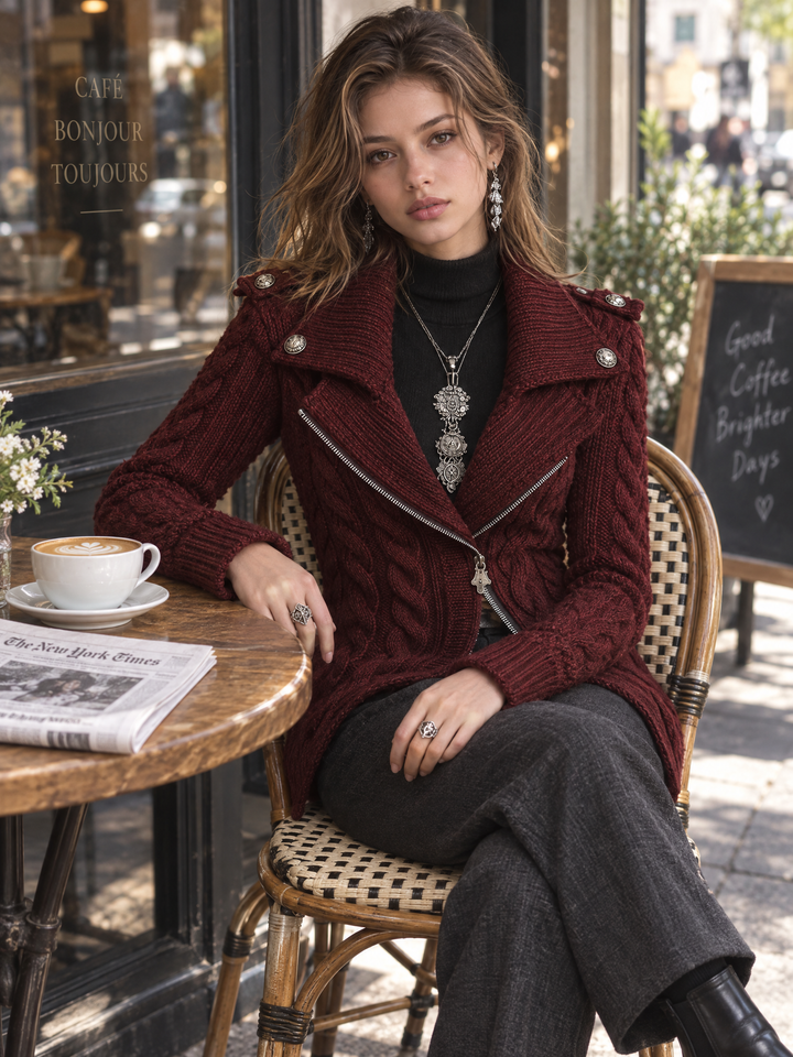 Cable-Knit Zip-Front Sweater Coat with Military-Style Buttons