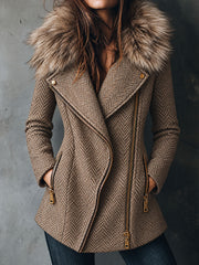 Retro Herringbone Tweed Oversized Faux Fur Collar Coat With Asym Zip