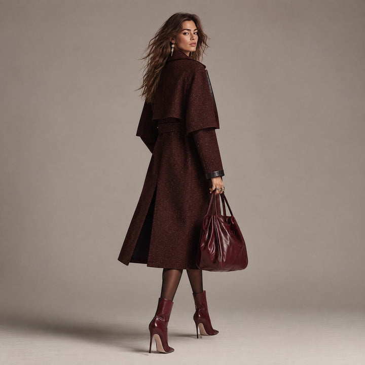Elegant Wool Blend Trench Coat With Faux Leather Trim