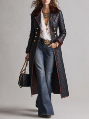 Women's Quilted Faux Leather Long Trench Coat with Faux Fur Collar